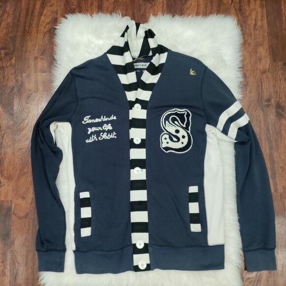 Sabit NYC Black And White Striped Trim Navy Blue Button Front Cardigan Men's XL - Picture 3 of 16